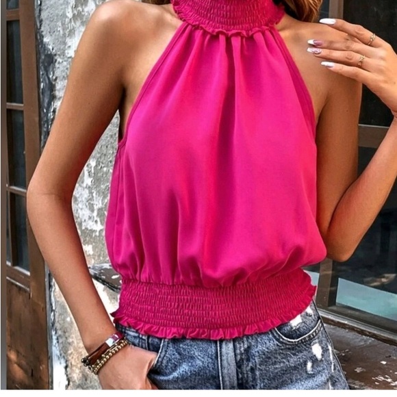 New Chic Blouson Gathered Halter Top Blouse Hot Pink - Picture 1 of 3